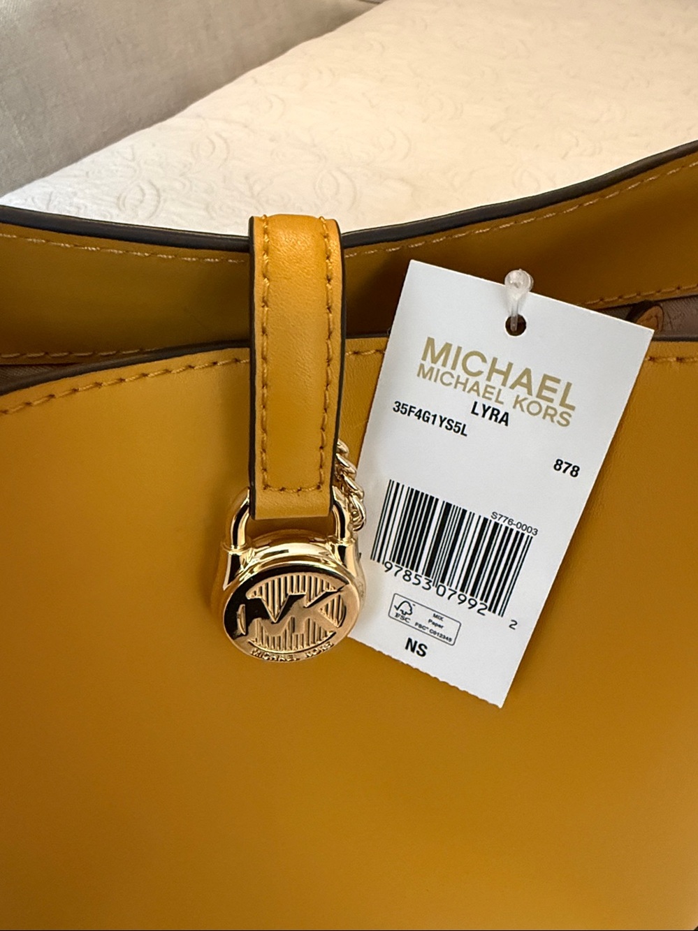Michael Kors Yellow Leather Shoulder Tote with Gold MK Charm - Picture 4 of 7